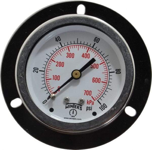 Winters - 2-1/2" Dial, 1/4 Thread, 0-100 Scale Range, Pressure Gauge - Front Flange Panel Mount, Center Back Connection Mount, Accurate to 1.5% of Scale - All Tool & Supply