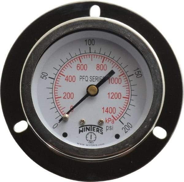 Winters - 2-1/2" Dial, 1/4 Thread, 0-200 Scale Range, Pressure Gauge - Front Flange Panel Mount, Center Back Connection Mount, Accurate to 1.5% of Scale - All Tool & Supply