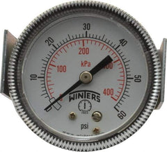 Winters - 2" Dial, 1/8 Thread, 0-60 Scale Range, Pressure Gauge - U-Clamp Panel Mount, Center Back Connection Mount, Accurate to 2.5% of Scale - All Tool & Supply