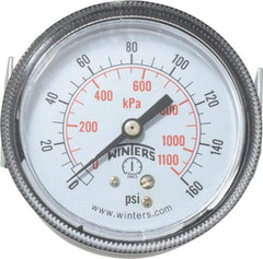 Winters - 2-1/2" Dial, 1/4 Thread, 0-160 Scale Range, Pressure Gauge - U-Clamp Panel Mount, Center Back Connection Mount, Accurate to 2.5% of Scale - All Tool & Supply