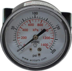 Winters - 2-1/2" Dial, 1/4 Thread, 0-200 Scale Range, Pressure Gauge - U-Clamp Panel Mount, Center Back Connection Mount, Accurate to 2.5% of Scale - All Tool & Supply