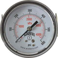 Winters - 2-1/2" Dial, 1/4 Thread, 0-600 Scale Range, Pressure Gauge - U-Clamp Panel Mount, Center Back Connection Mount, Accurate to 2.5% of Scale - All Tool & Supply