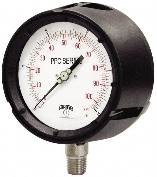 Winters - 4-1/2" Dial, 1/2 Thread, 0-10,000 Scale Range, Pressure Gauge - Lower Connection Mount, Accurate to 0.5% of Scale - All Tool & Supply