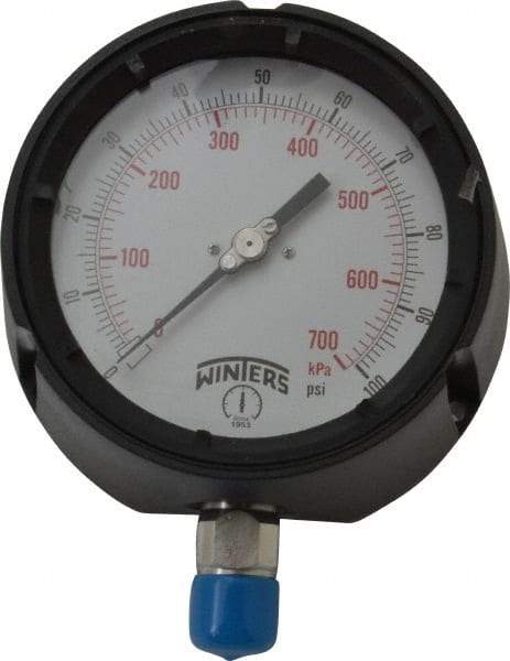 Winters - 4-1/2" Dial, 1/2 Thread, 0-100 Scale Range, Pressure Gauge - Lower Connection Mount, Accurate to 0.5% of Scale - All Tool & Supply