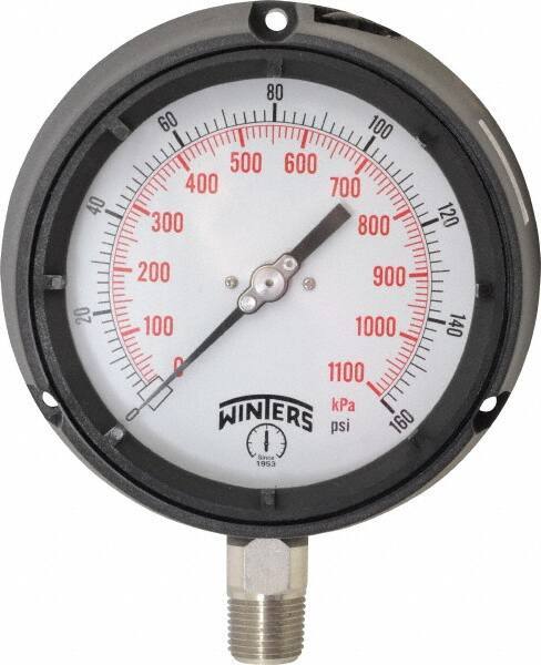 Winters - 4-1/2" Dial, 1/2 Thread, 0-160 Scale Range, Pressure Gauge - Lower Connection Mount, Accurate to 0.5% of Scale - All Tool & Supply