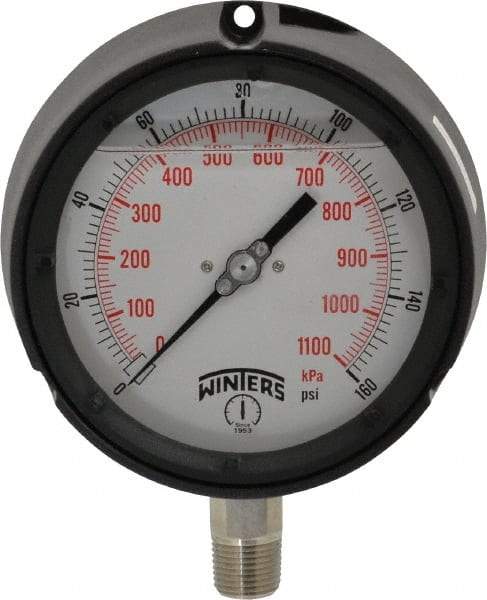 Winters - 4-1/2" Dial, 1/2 Thread, 0-160 Scale Range, Pressure Gauge - Lower Connection Mount, Accurate to 0.5% of Scale - All Tool & Supply