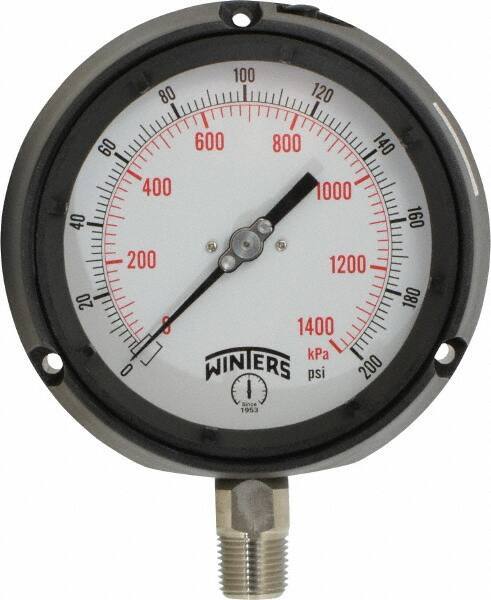 Winters - 4-1/2" Dial, 1/2 Thread, 0-200 Scale Range, Pressure Gauge - Lower Connection Mount, Accurate to 0.5% of Scale - All Tool & Supply