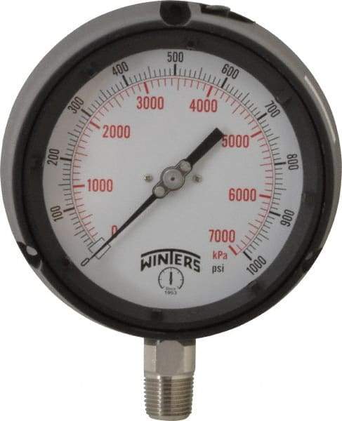 Winters - 4-1/2" Dial, 1/2 Thread, 0-1,000 Scale Range, Pressure Gauge - Lower Connection Mount, Accurate to 0.5% of Scale - All Tool & Supply