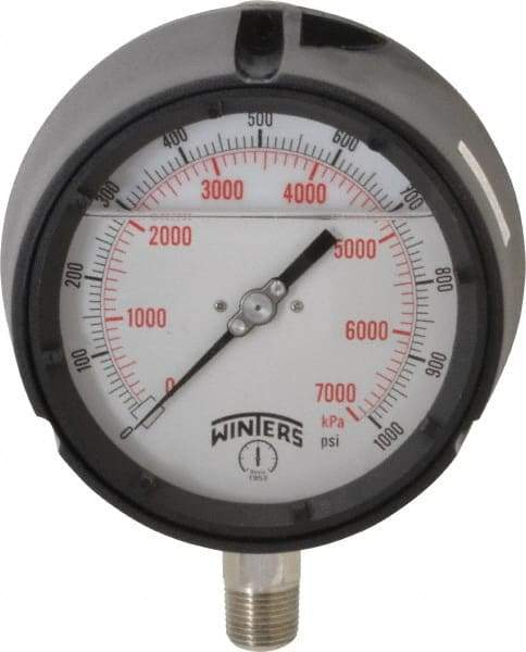 Winters - 4-1/2" Dial, 1/2 Thread, 0-1,000 Scale Range, Pressure Gauge - Lower Connection Mount, Accurate to 0.5% of Scale - All Tool & Supply