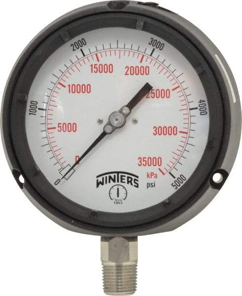 Winters - 4-1/2" Dial, 1/2 Thread, 0-5,000 Scale Range, Pressure Gauge - Lower Connection Mount, Accurate to 0.5% of Scale - All Tool & Supply