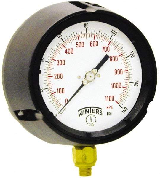 Winters - 4-1/2" Dial, 1/4 Thread, 0-300 Scale Range, Pressure Gauge - Lower Connection Mount, Accurate to 0.5% of Scale - All Tool & Supply