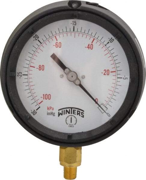 Winters - 4-1/2" Dial, 1/4 Thread, 30-0 Scale Range, Pressure Gauge - Lower Connection Mount, Accurate to 0.5% of Scale - All Tool & Supply