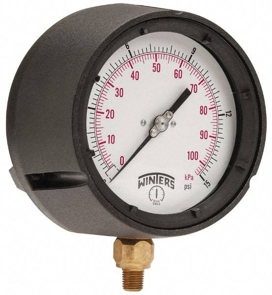 Winters - 4-1/2" Dial, 1/4 Thread, 0-15 Scale Range, Pressure Gauge - Lower Connection Mount, Accurate to 0.5% of Scale - All Tool & Supply