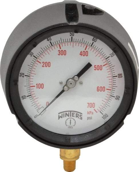 Winters - 4-1/2" Dial, 1/4 Thread, 0-100 Scale Range, Pressure Gauge - Lower Connection Mount, Accurate to 0.5% of Scale - All Tool & Supply