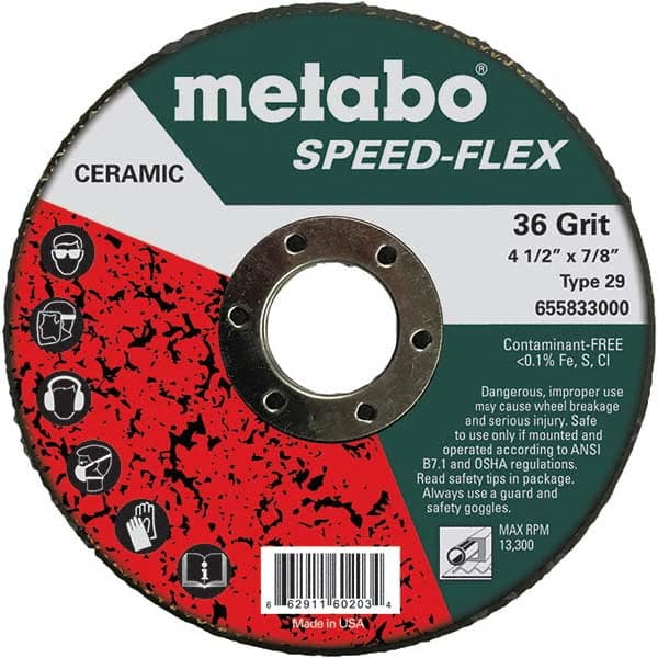 Metabo - 4-1/2" Diam, 7/8" Hole, 36 Grit Ceramic Alumina Fiber Disc - All Tool & Supply