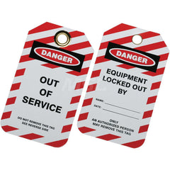 Ability One - Safety & Facility Tags; Message Type: Lockout Tag ; Header: DANGER ; Front Legend: OUT OF SERVICE ; Back Legend: EQUIPMENT LOCKED OUT BY _____ DATE ______ ; Material Type: Plastic ; Language: English - Exact Industrial Supply