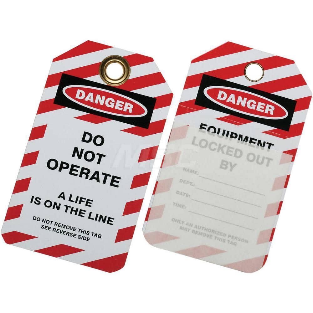 Ability One - Safety & Facility Tags; Message Type: Lockout Tag ; Header: DANGER ; Front Legend: Do Not Operate ; Back Legend: EQUIPMENT LOCKED OUT BY _____ DATE ______ ; Material Type: Plastic ; Language: English - Exact Industrial Supply