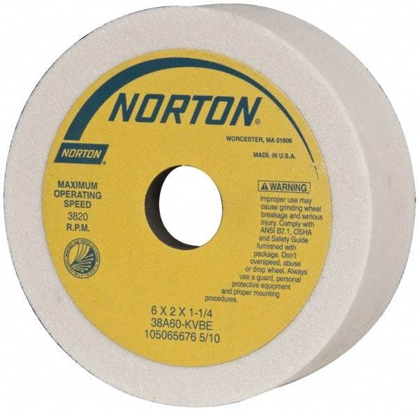 Norton - 6" Diam, 1-1/4" Hole Size, 2" Overall Thickness, 60 Grit, Type 6 Tool & Cutter Grinding Wheel - Medium Grade, Aluminum Oxide, K Hardness, Vitrified Bond, 3,820 RPM - All Tool & Supply