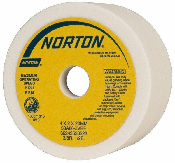 Norton - 4" Diam, 20mm Hole Size, 2" Overall Thickness, 80 Grit, Type 6 Tool & Cutter Grinding Wheel - Medium Grade, Aluminum Oxide, J Hardness, Vitrified Bond, 5,730 RPM - All Tool & Supply