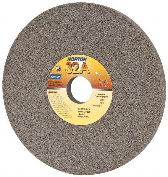 Norton - 8" Diam x 1-1/4" Hole x 1/2" Thick, G Hardness, 60 Grit Surface Grinding Wheel - Aluminum Oxide, Type 1, Medium Grade, 3,600 Max RPM, Vitrified Bond, No Recess - All Tool & Supply