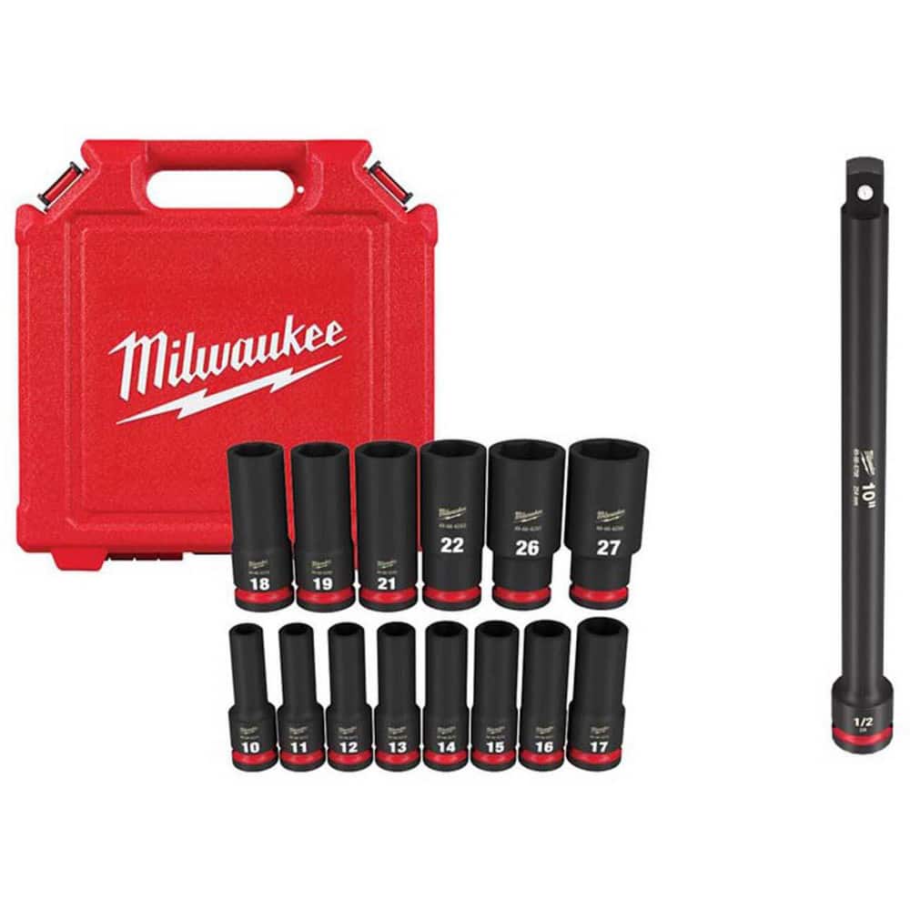 Socket Sets; Set Type: Impact; Measurement Type: Metric; Drive Size: 1/2; Minimum Size (mm): 10.00; Maximum Socket Depth (mm): 27; Maximum Size (mm): 27.00; Minimum Socket Depth (mm): 10; Tool Type: Deep; Material: Steel; Container Type: Plastic Case; Num