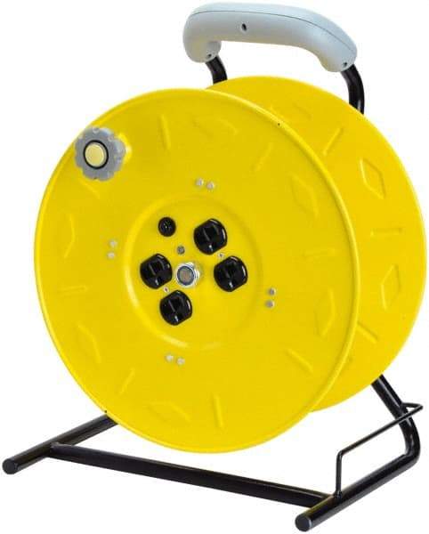 Value Collection - 12 AWG, 100' Cable Length, Cord & Cable Reel with Outlet End, No Cable - 4 Outlets, NEMA 5-15R, 15 Amps, 125 Volts, SO Cable, Yellow Reel, Hand Crank Reel - All Tool & Supply