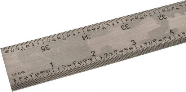 SPI - 36" Long, 1/100, 1/64, 1/50, 1/32" Graduation, Rigid Steel Rule - 16R Graduation Style, 1-1/4" Wide, Silver, Satin Chrome Finish - All Tool & Supply