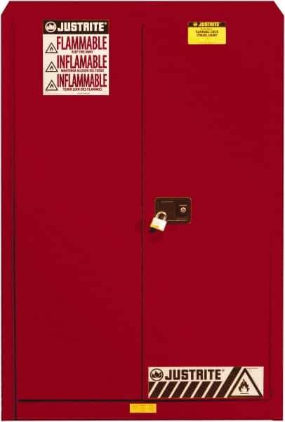 Justrite - 2 Door, 5 Shelf, Red Steel Standard Safety Cabinet for Flammable and Combustible Liquids - 65" High x 43" Wide x 18" Deep, Self Closing Door, 3 Point Key Lock, 60 Gal Capacity - All Tool & Supply