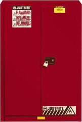 Justrite - 2 Door, 5 Shelf, Red Steel Standard Safety Cabinet for Flammable and Combustible Liquids - 65" High x 43" Wide x 18" Deep, Self Closing Door, 3 Point Key Lock, 60 Gal Capacity - All Tool & Supply