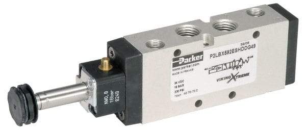 Parker - 1/8" NPT Port, Single Solenoid, 2 Position Valveless Coil, Aluminum Solenoid Valve - Normally Open Through Ports 1 & 2, 232 Max PSI, Buna-N Seal - All Tool & Supply