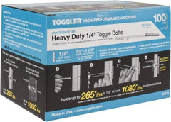 Toggler - 1/4" Screw, 6-1/4" Long, 3/8 to 3-5/8" Thick, Toggle Bolt Drywall & Hollow Wall Anchor - 1/4 - 20" Thread, 1/2" Drill, Zinc Plated, Steel, Grade 1010, Use in Drywall - All Tool & Supply