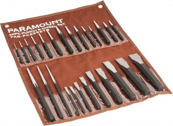 Paramount - 26 Piece Punch & Chisel Set - 1/4 to 1-3/16" Chisel, 3/8 to 1/4" Punch, Hexagon Shank - All Tool & Supply