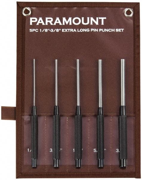 Paramount - 5 Piece, 1/8 to 3/8", Pin Punch Set - Round Shank, Steel, Comes in Canvas Roll - All Tool & Supply