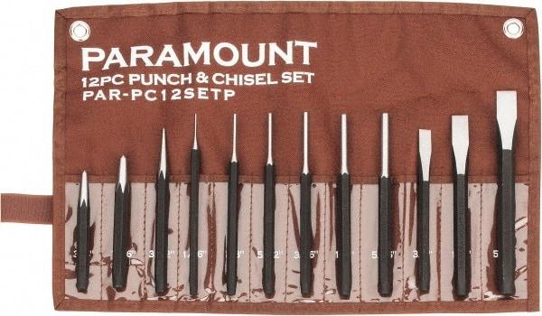 Paramount - 12 Piece Punch & Chisel Set - 3/8 to 5/8" Chisel, 1/16 to 3/8" Punch, Hexagon Shank - All Tool & Supply