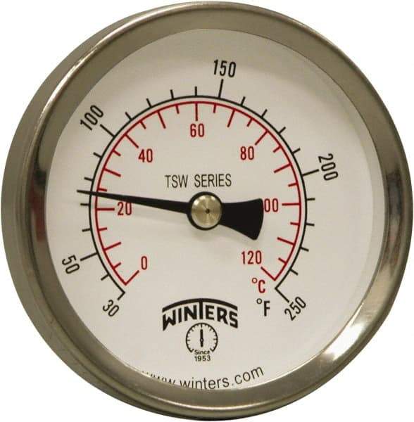 Winters - 30 to 250°F, Industrial Thermometer with Standard Thermowell - 1 Inch Immersion Length, 1.61 Inch Stem Length, 2 Inch Long, 1/2 Inch Thread - All Tool & Supply