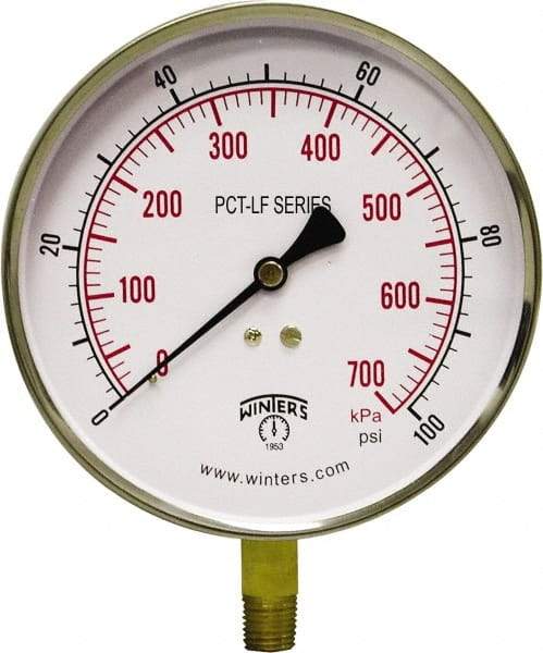 Winters - 4-1/2" Dial, 1/4 Thread, 0-100 Scale Range, Pressure Gauge - Lower Connection Mount, Accurate to 0.01% of Scale - All Tool & Supply