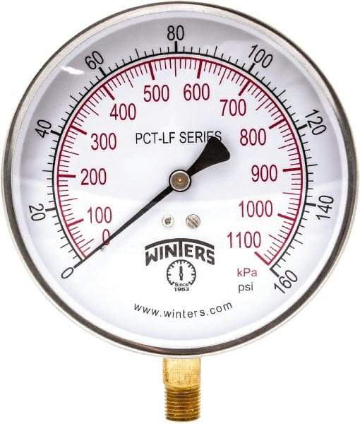 Winters - 4-1/2" Dial, 1/4 Thread, 0-160 Scale Range, Pressure Gauge - Lower Connection Mount, Accurate to 0.01% of Scale - All Tool & Supply