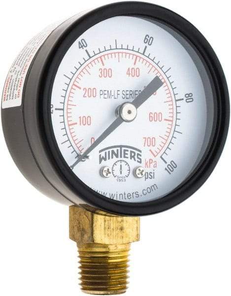 Winters - 2" Dial, 1/4 Thread, 0-100 Scale Range, Pressure Gauge - Lower Connection Mount, Accurate to 3-2-3% of Scale - All Tool & Supply