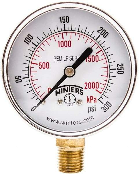 Winters - 2-1/2" Dial, 1/4 Thread, 0-300 Scale Range, Pressure Gauge - Lower Connection Mount, Accurate to 3-2-3% of Scale - All Tool & Supply