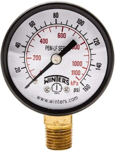 Winters - 2" Dial, 1/4 Thread, 0-160 Scale Range, Pressure Gauge - Lower Connection Mount, Accurate to 3-2-3% of Scale - All Tool & Supply