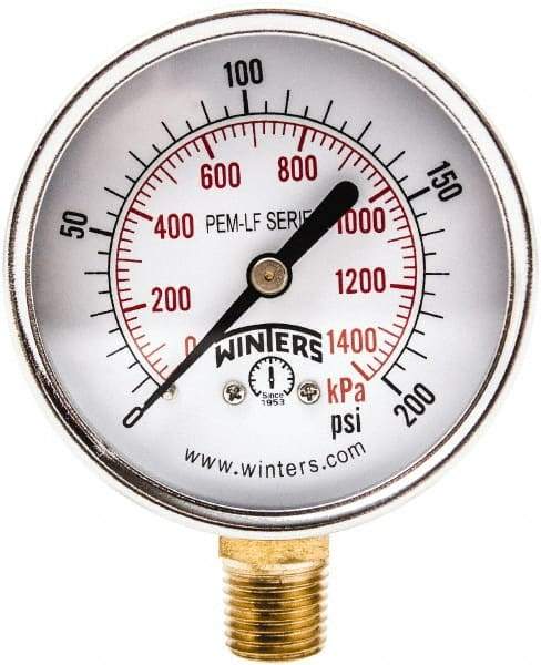 Winters - 2-1/2" Dial, 1/4 Thread, 0-200 Scale Range, Pressure Gauge - Lower Connection Mount, Accurate to 3-2-3% of Scale - All Tool & Supply