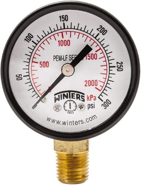 Winters - 2" Dial, 1/4 Thread, 0-300 Scale Range, Pressure Gauge - Lower Connection Mount, Accurate to 3-2-3% of Scale - All Tool & Supply