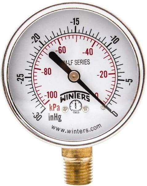 Winters - 2-1/2" Dial, 1/4 Thread, 30" HG Vac Scale Range, Pressure Gauge - Lower Connection Mount, Accurate to 3-2-3% of Scale - All Tool & Supply