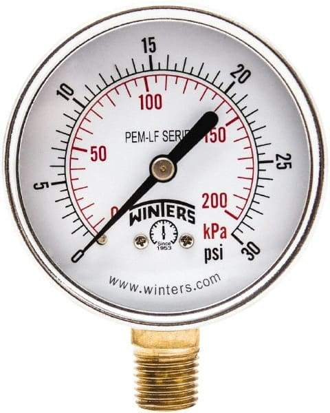 Winters - 2-1/2" Dial, 1/4 Thread, 0-30 Scale Range, Pressure Gauge - Lower Connection Mount, Accurate to 3-2-3% of Scale - All Tool & Supply