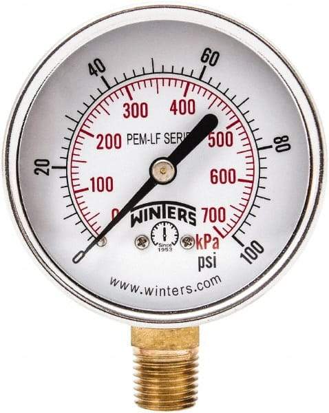 Winters - 2-1/2" Dial, 1/4 Thread, 0-100 Scale Range, Pressure Gauge - Lower Connection Mount, Accurate to 3-2-3% of Scale - All Tool & Supply