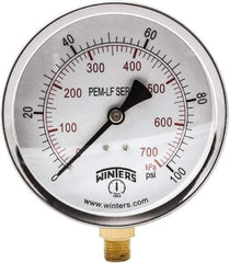 Winters - 4" Dial, 1/4 Thread, 0-100 Scale Range, Pressure Gauge - Lower Connection Mount, Accurate to 3-2-3% of Scale - All Tool & Supply