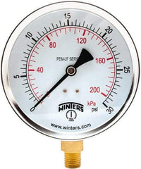 Winters - 4" Dial, 1/4 Thread, 0-30 Scale Range, Pressure Gauge - Lower Connection Mount, Accurate to 3-2-3% of Scale - All Tool & Supply