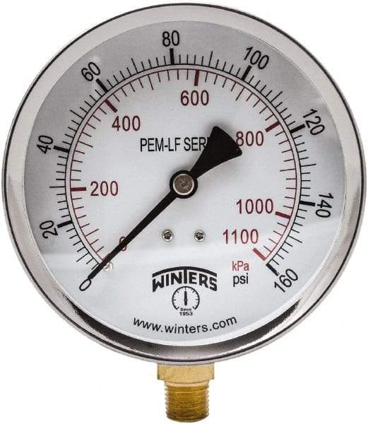 Winters - 4" Dial, 1/4 Thread, 0-160 Scale Range, Pressure Gauge - Lower Connection Mount, Accurate to 3-2-3% of Scale - All Tool & Supply