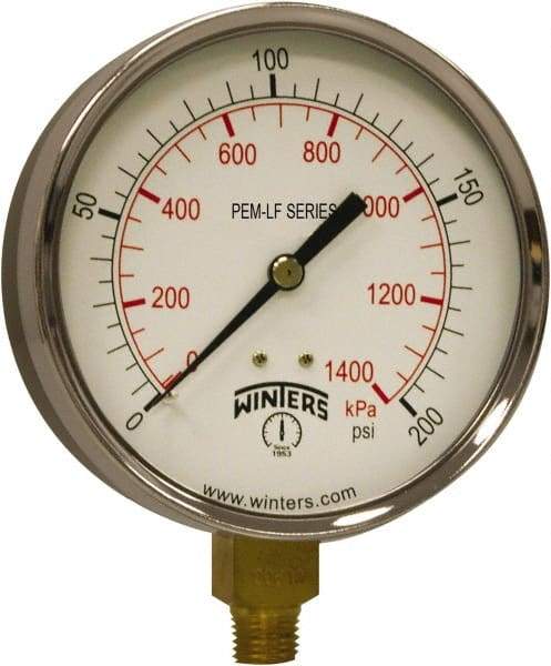 Winters - 4" Dial, 1/4 Thread, 0-200 Scale Range, Pressure Gauge - Lower Connection Mount, Accurate to 3-2-3% of Scale - All Tool & Supply