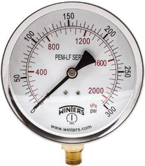 Winters - 4" Dial, 1/4 Thread, 0-300 Scale Range, Pressure Gauge - Lower Connection Mount, Accurate to 3-2-3% of Scale - All Tool & Supply